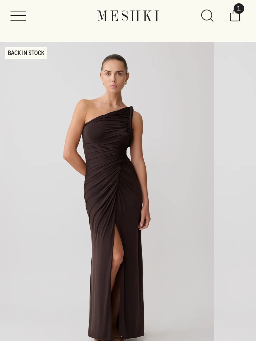 Meshki One-Shoulder Dark Brown Ruched Gown with Thigh Slit